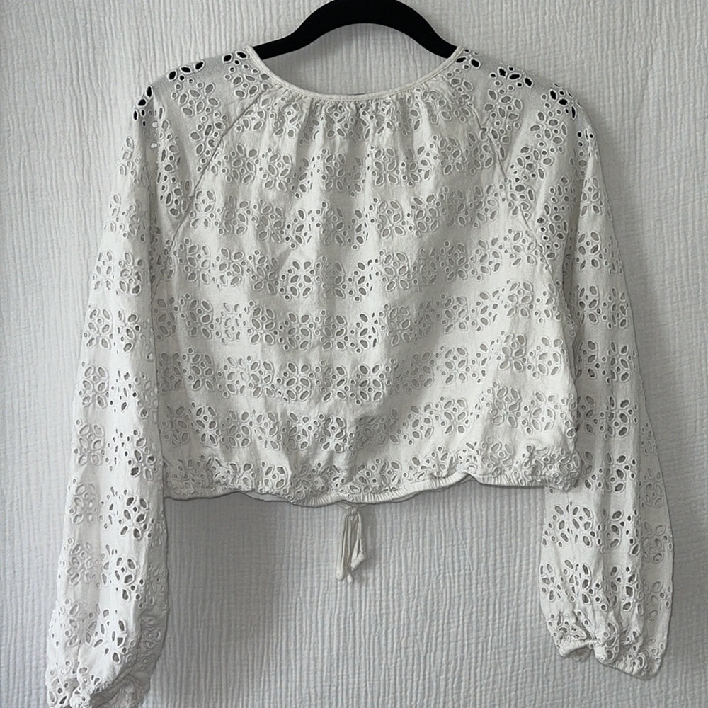 JCrew Long-sleeve linen-blend cropped top in‎ eyelet - Picture 4 of 6